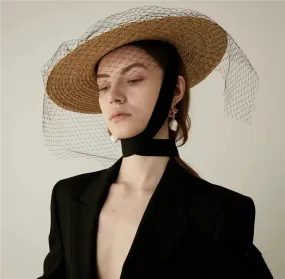 Boho Hat - Summer Hats, Sun Hat, Beach Hat - Wide Brim Straw Hat, Vintage Style with Long Ribbon Mesh Darcy