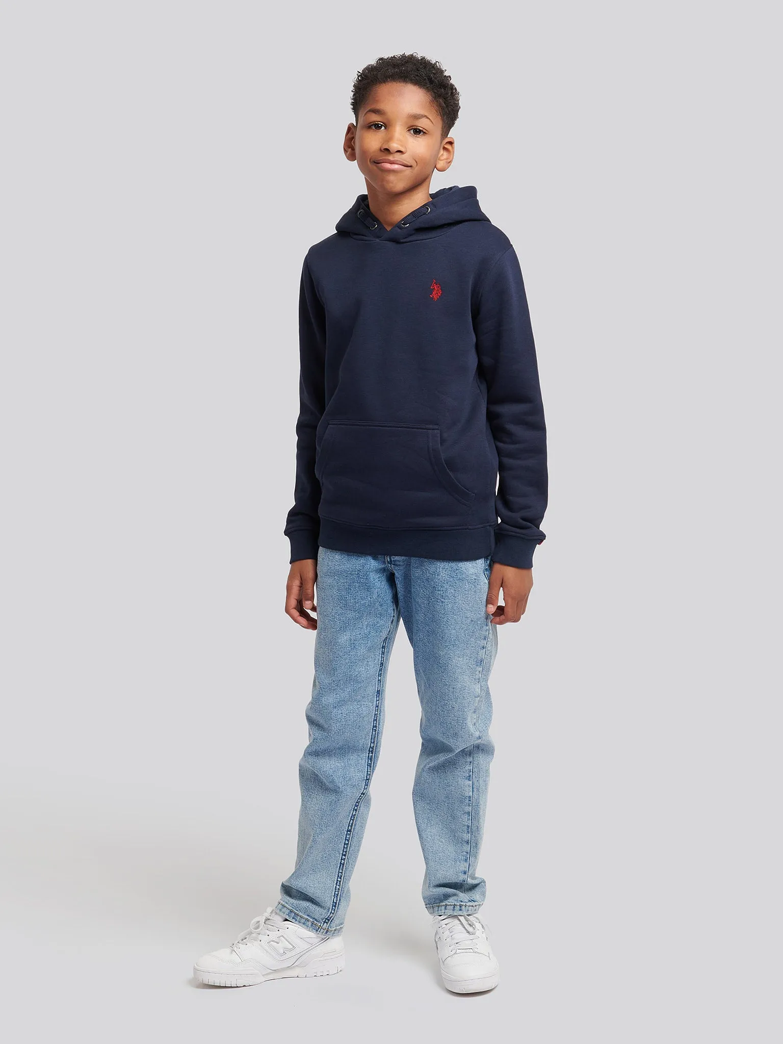 Boys Double Horsemen Brush Back Hoodie in Dark Sapphire Navy / Haute Red DHM