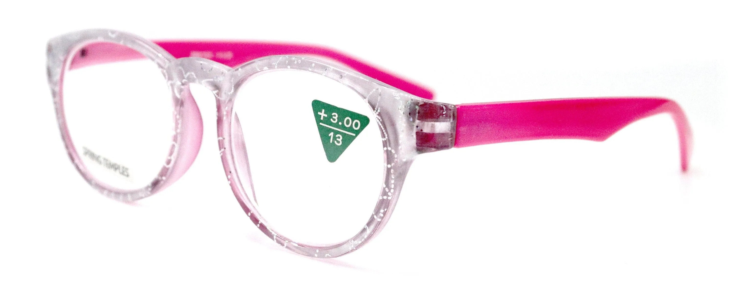 Grace, (Premium) Reading Glasses High End Readers  1.25 .. 3 Magnifying Glasses, Round Frame. (Metallic Silver, Pink) NY Fifth Avenue.
