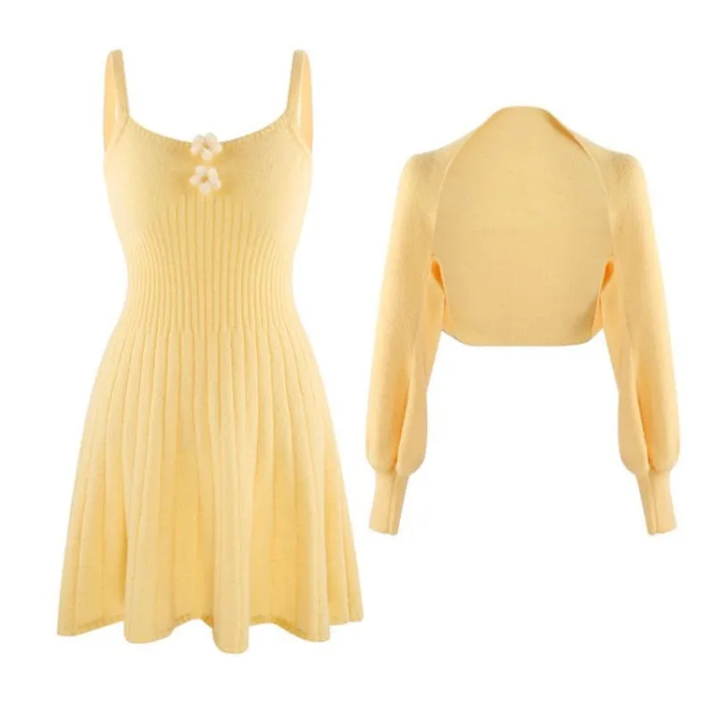 Joskaa Winter Sweet Knitted Two Piece Dress Set Women Casual Coat Strap Dress Set Female Korean Style Solid Slim Chic Dress Suit 2024