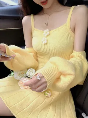 Joskaa Winter Sweet Knitted Two Piece Dress Set Women Casual Coat Strap Dress Set Female Korean Style Solid Slim Chic Dress Suit 2024
