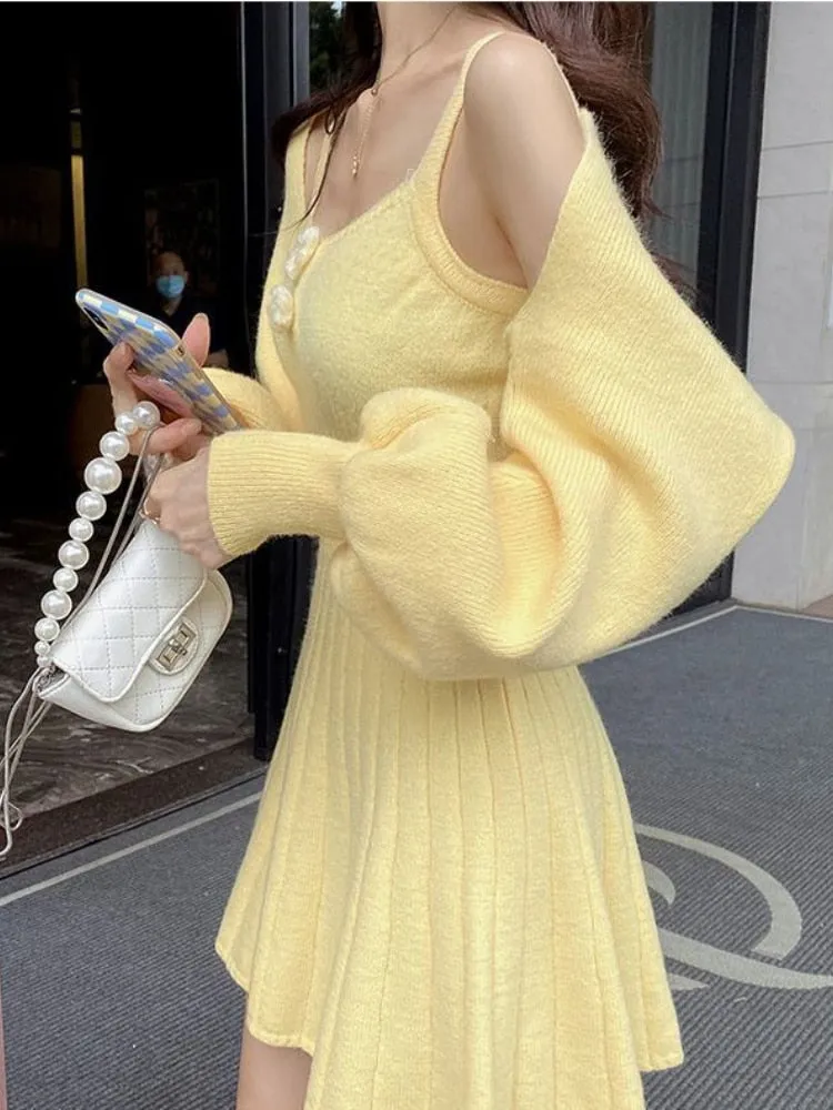 Joskaa Winter Sweet Knitted Two Piece Dress Set Women Casual Coat Strap Dress Set Female Korean Style Solid Slim Chic Dress Suit 2024