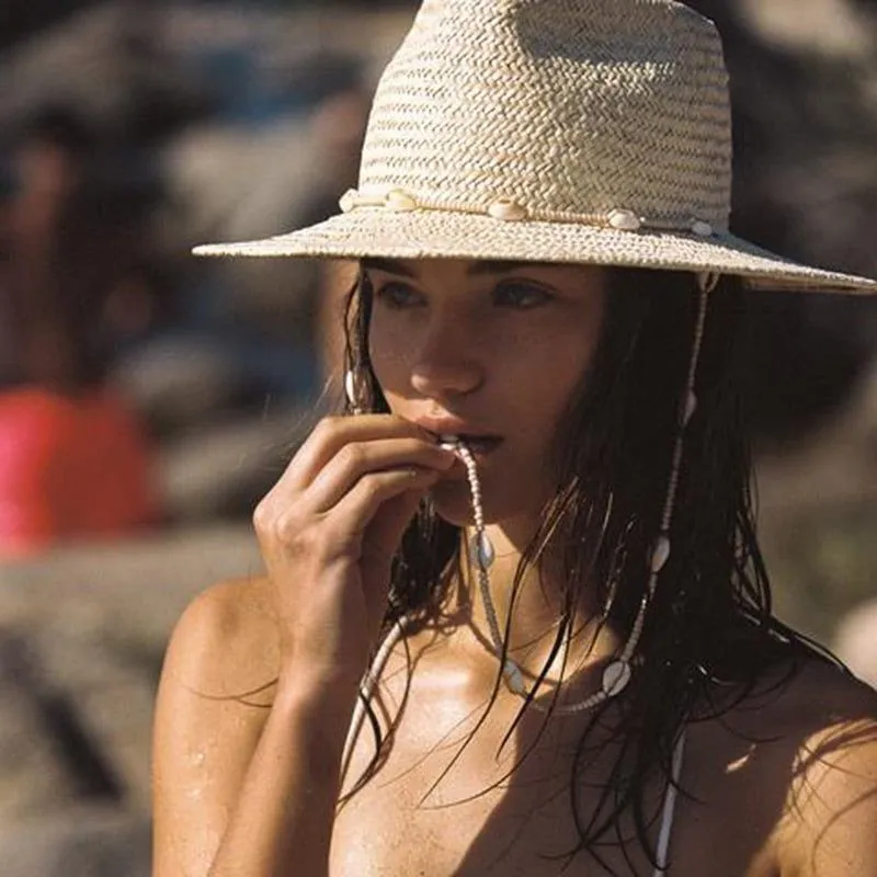 New Seashells Beaded Beach Hats With Chain Straw Woven Fedora Sun Hats Summer