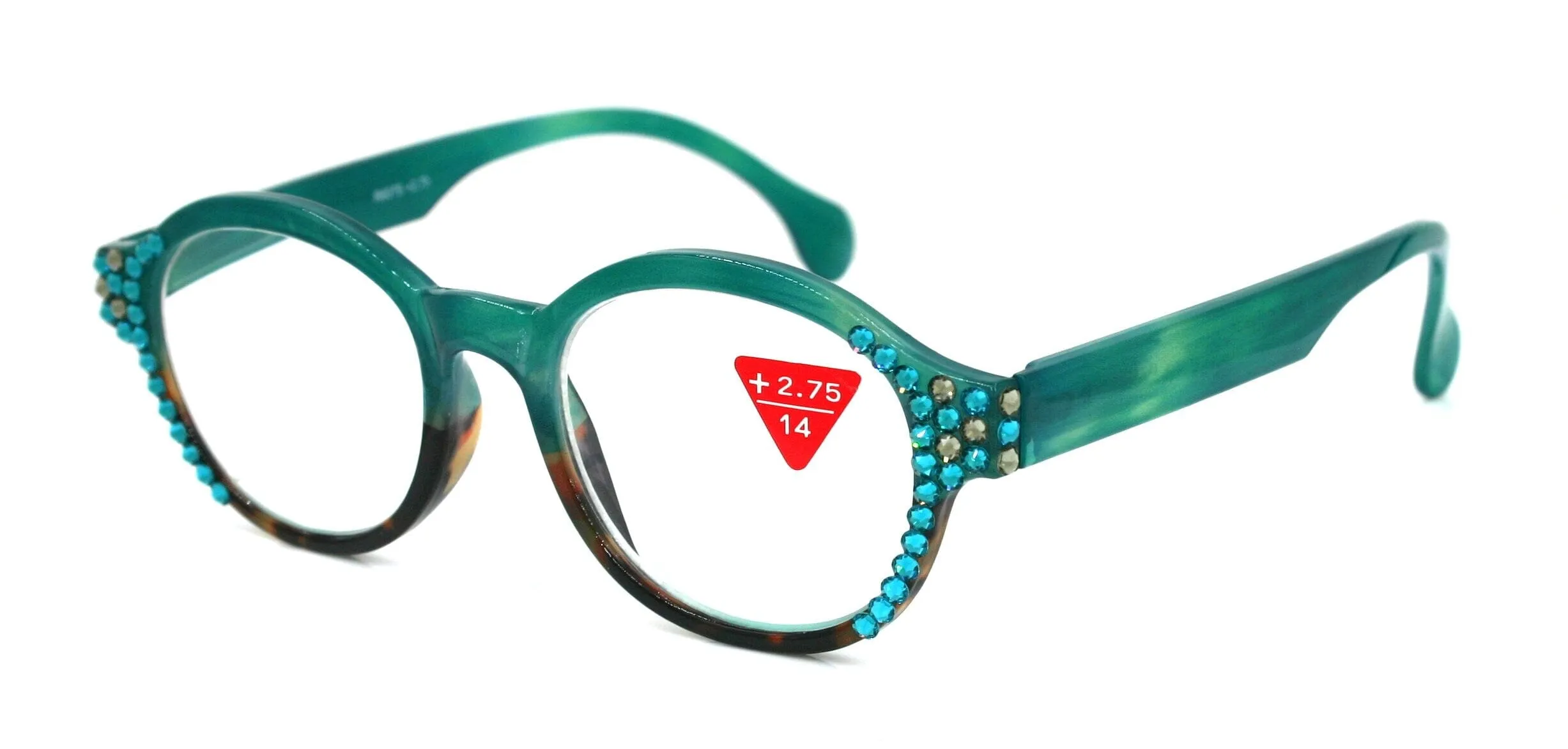 The Alchemist, (Bling) Round Women Reading Glasses W (Blue Zircon, L. Colorado) Genuine European Crystals  (Green) Circle. NY Fifth Avenue