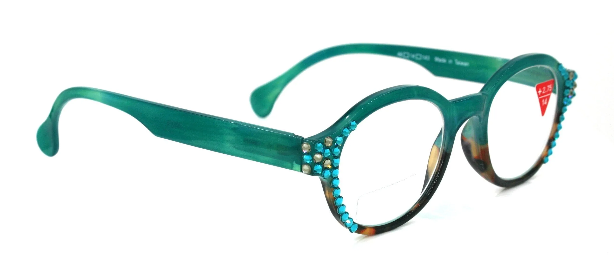 The Alchemist, (Bling) Round Women Reading Glasses W (Blue Zircon, L. Colorado) Genuine European Crystals  (Green) Circle. NY Fifth Avenue