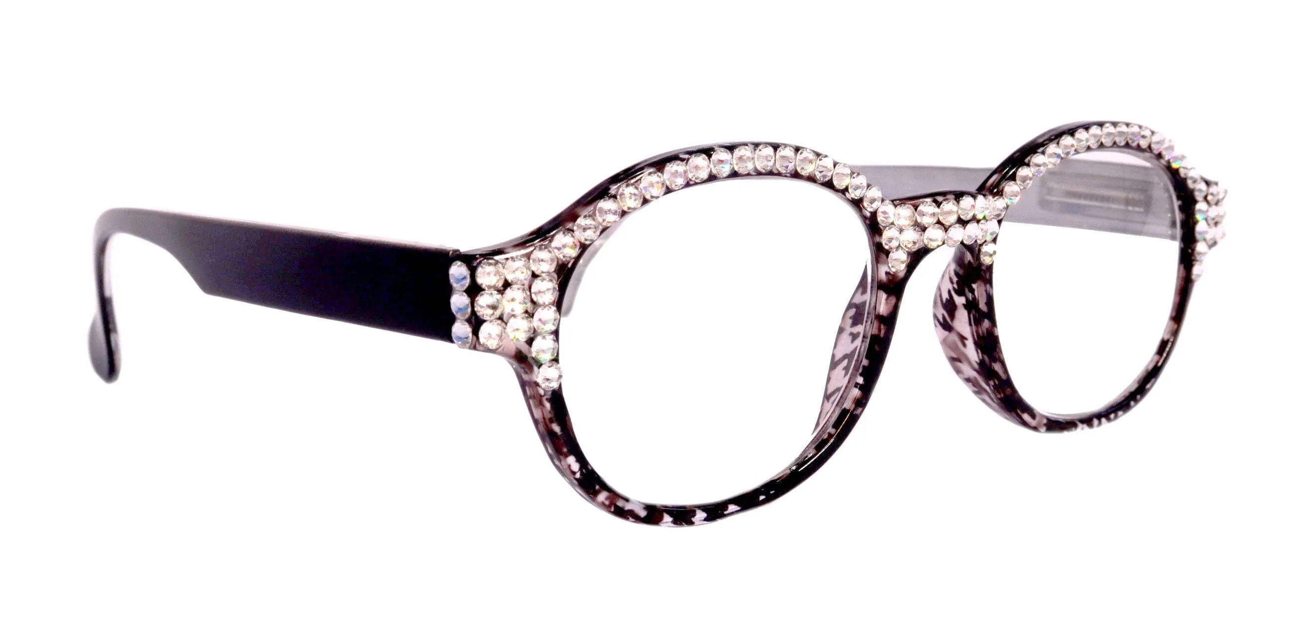 The Alchemist, (Bling) Round Women Reading Glasses W (Full TOP) (Clear) Genuine European Crystals  (Hound tooth, Black) NY Fifth Avenue
