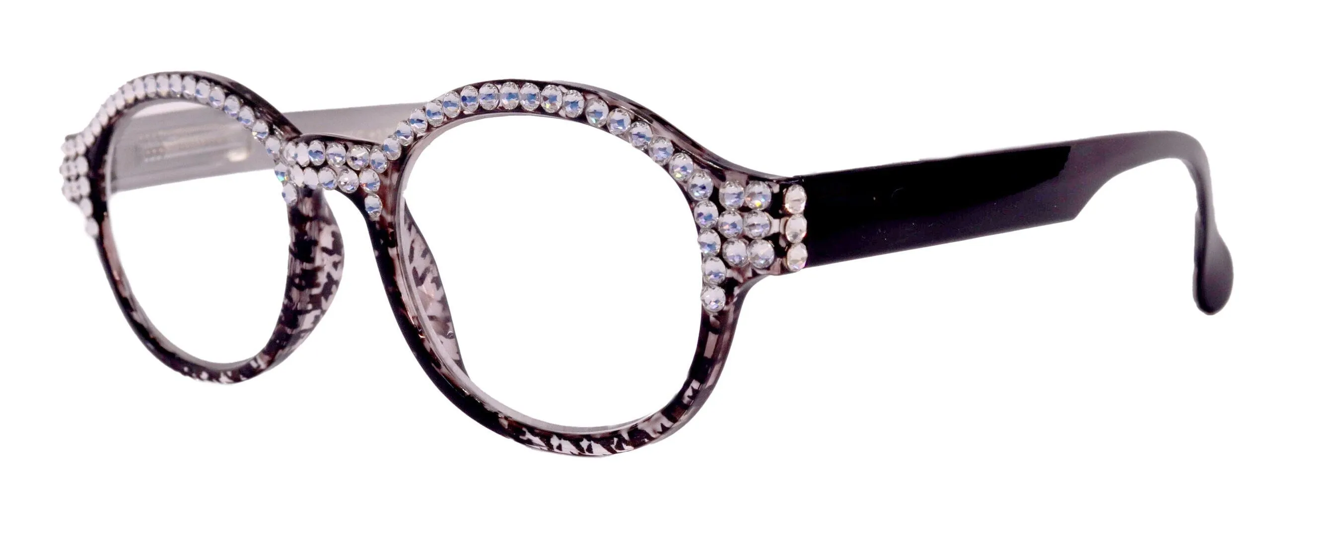 The Alchemist, (Bling) Round Women Reading Glasses W (Full TOP) (Clear) Genuine European Crystals  (Hound tooth, Black) NY Fifth Avenue